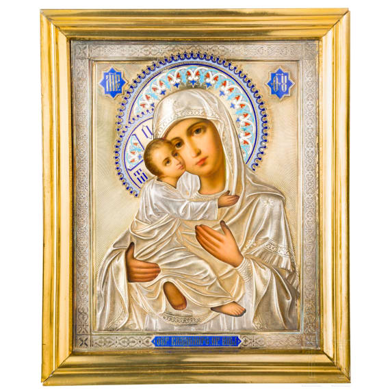 Ikone mit der Gottesmutter Wladimirskaja, mit Vermeil-Champlev&eacute;-Email-Oklad im Kiot, Russland, Ende 19. Jhdt. (Ikone), Moskau, Dmitrij Alexandrow, 1889 (Oklad)