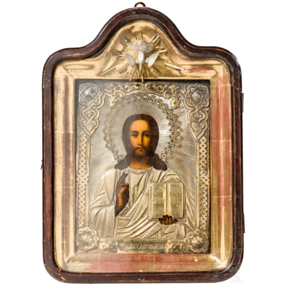 Ikone mit dem Christus Pantokrator mit vergoldetem Silberoklad und Kiot, Russland, Moskau, 2. H&auml;lfte des 19. Jhdts (Ikone), Moskau, Iwan A. Alexejew, 1879 (Oklad)