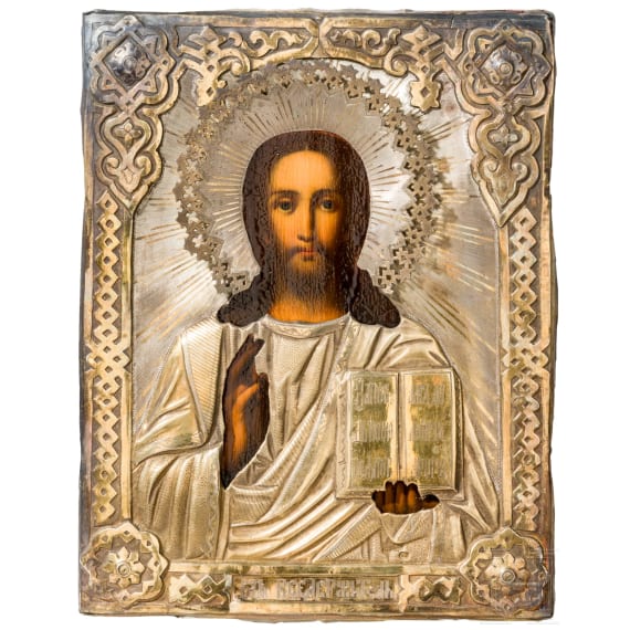 Ikone mit dem Christus Pantokrator mit vergoldetem Silberoklad und Kiot, Russland, Moskau, 2. H&auml;lfte des 19. Jhdts (Ikone), Moskau, Iwan A. Alexejew, 1879 (Oklad)