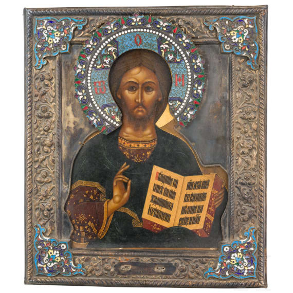 An icon showing Christ Pantokrator with silver and cloisonn&eacute; enamel riza, Russia, Moscow, Alexander Krivovichev, 1908 (basma)