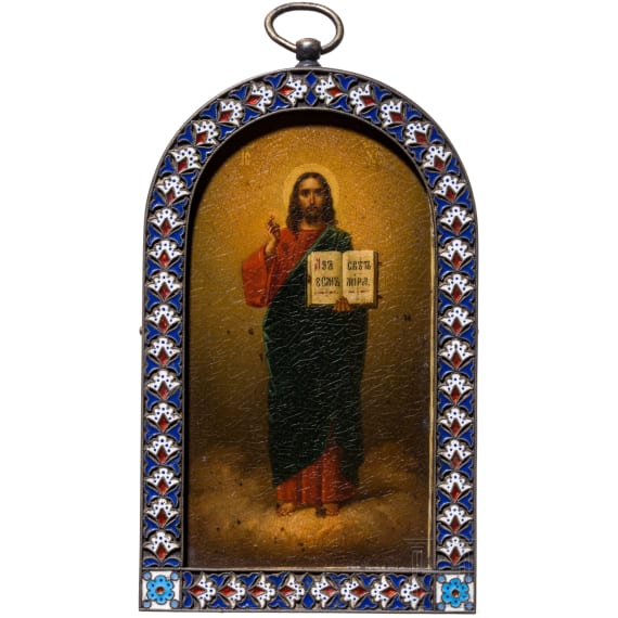 A Russian icon showing Christ Pantocrator with silver and cloisonn&eacute; enamel basma, Moscow, Pavel Ovchinnikov, 1896-1908