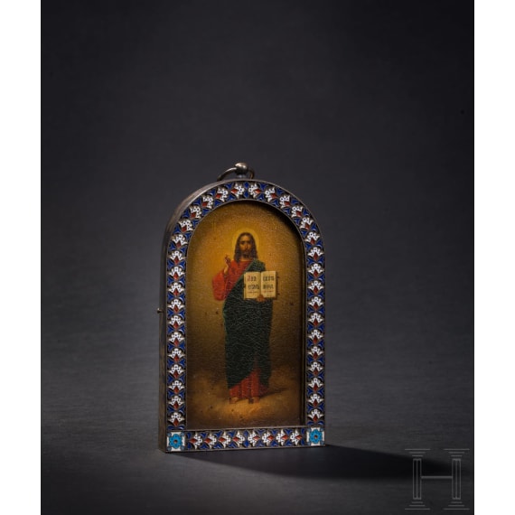A Russian icon showing Christ Pantocrator with silver and cloisonn&eacute; enamel basma, Moscow, Pavel Ovchinnikov, 1896-1908