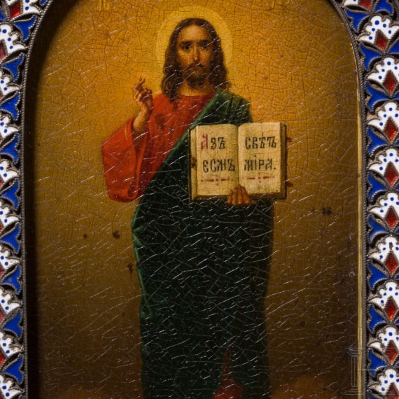 A Russian icon showing Christ Pantocrator with silver and cloisonn&eacute; enamel basma, Moscow, Pavel Ovchinnikov, 1896-1908
