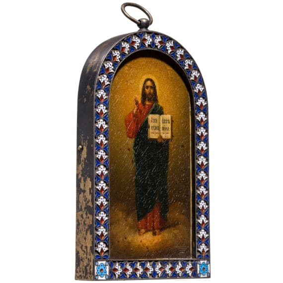 A Russian icon showing Christ Pantocrator with silver and cloisonn&eacute; enamel basma, Moscow, Pavel Ovchinnikov, 1896-1908