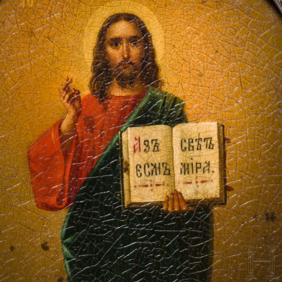 A Russian icon showing Christ Pantocrator with silver and cloisonn&eacute; enamel basma, Moscow, Pavel Ovchinnikov, 1896-1908