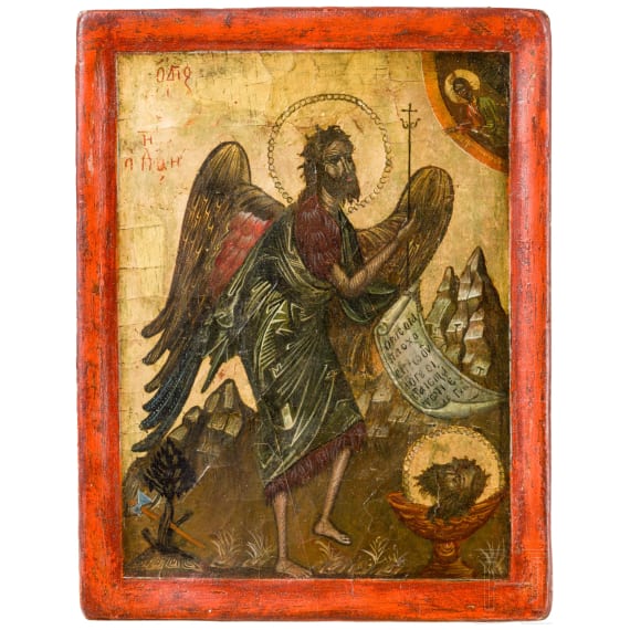 A Greek icon showing Saint John -Angel in the desert, Islands, circa 1700 (overpaintings)