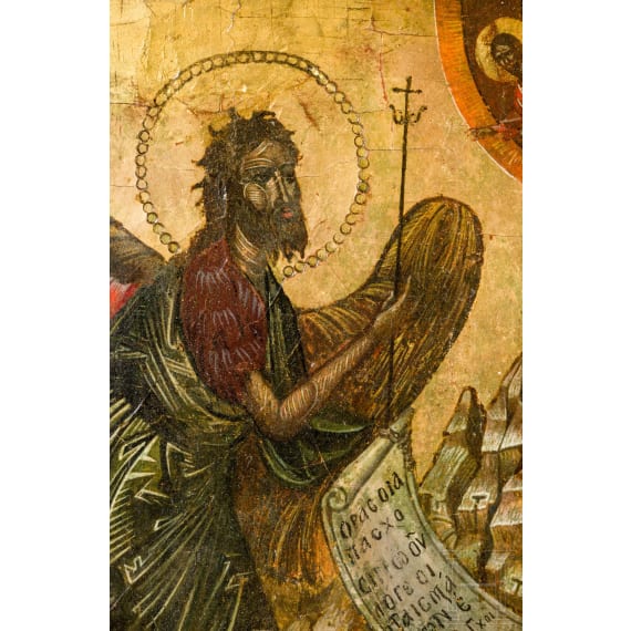 A Greek icon showing Saint John -Angel in the desert, Islands, circa 1700 (overpaintings)