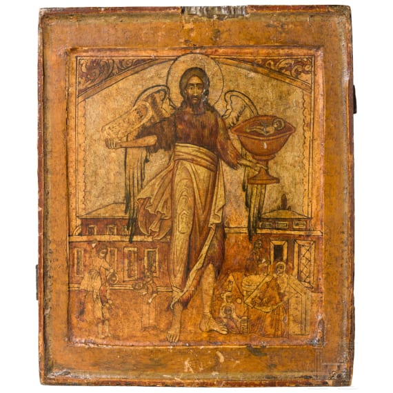 A Russian icon showing St. John the forerunner, his birth and his beheading, circa 1700 (overpaintings)