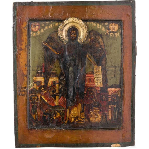 An icon showing Saint John the forerunner with scenes of his life, with brass halo, Russia, circa 1800