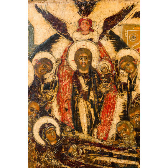 An icon showing the Dormition of the Mother of God with silver basma, Russia, 18th century