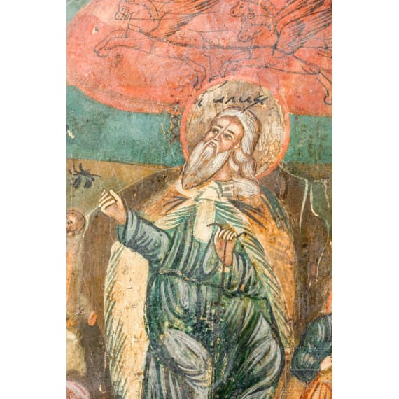 An icon showing the Prophet Elijah, his life in the desert and his fiery ascent, Russia, 18th century