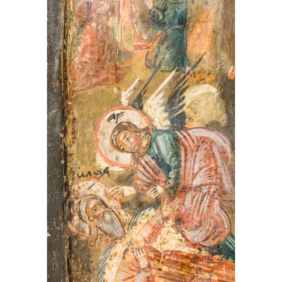 An icon showing the Prophet Elijah, his life in the desert and his fiery ascent, Russia, 18th century