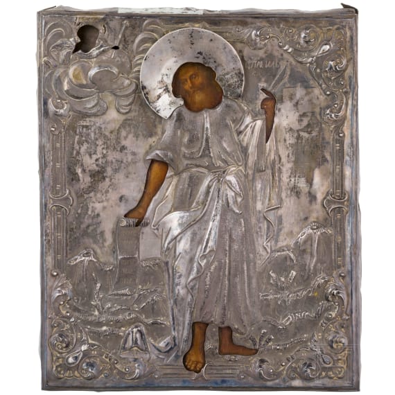 A rare icon showing Prophet Saint Elijah with silver oklad, Russia, mid 19th century (icon), Kursk, G. Shang, 1857 (oklad)