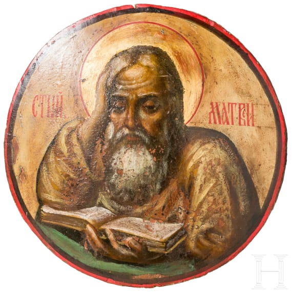 A small round icon showing Evangelist Saint Matthew, late 19th century