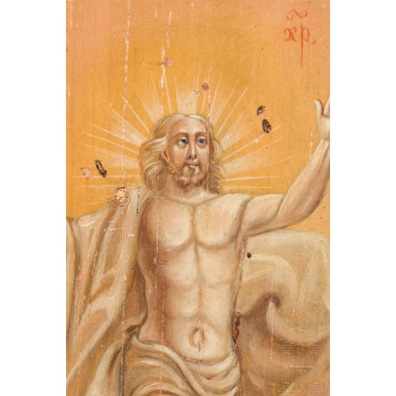 A large Russian icon showing the Resurrection of Christ and twelve feasts, late 19th century