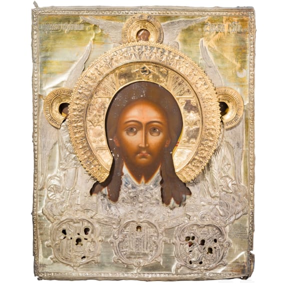 A large and rare icon showing the Mandylion with oklad, Russia, 19th century.