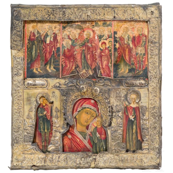 A large six-field icon with Christ's descent into hell and the Kazanskaya Mother of God with silver riza, Russia, 19th century