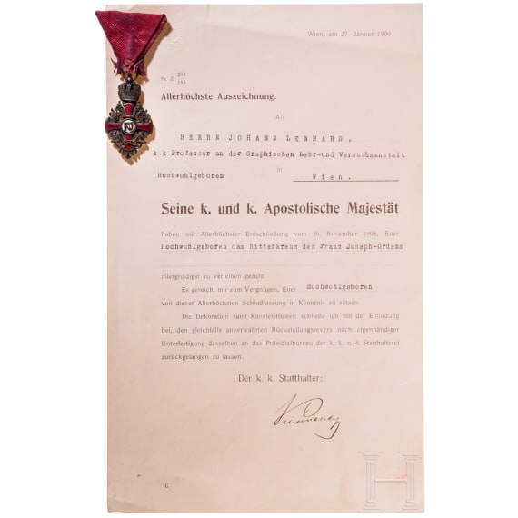 Order of Franz Joseph, Knight's Cross with certificate, dated 1908
