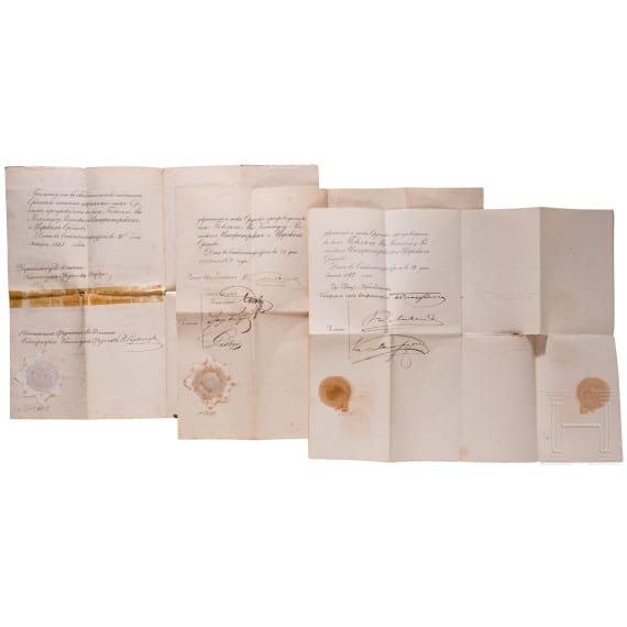 Three certificates of merit for the Order of St. Vladimir, 4th Class, and the Order of St. Anne, 2nd and 3rd Class, along with three portrait photographs, from Russia, 1867 to 1883