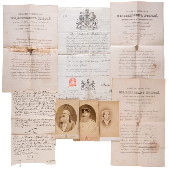 Three certificates of merit for the Order of St. Vladimir, 4th Class, and the Order of St. Anne, 2nd and 3rd Class, along with three portrait photographs, from Russia, 1867 to 1883