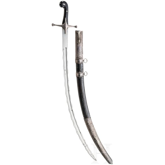 Silbermontierter Shamshir mit geflammter Klinge, osmanisch, Mitte 19. Jhdt.
