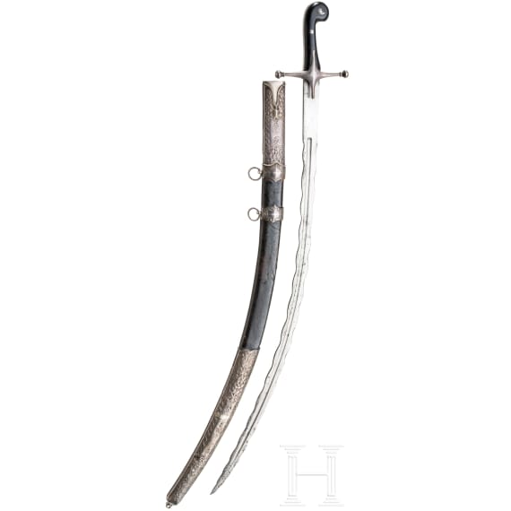 Silbermontierter Shamshir mit geflammter Klinge, osmanisch, Mitte 19. Jhdt.