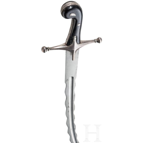 Silbermontierter Shamshir mit geflammter Klinge, osmanisch, Mitte 19. Jhdt.