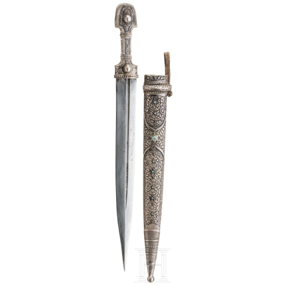 A silver mounted Caucasian kindjal set with turquoises , ca. 1900
