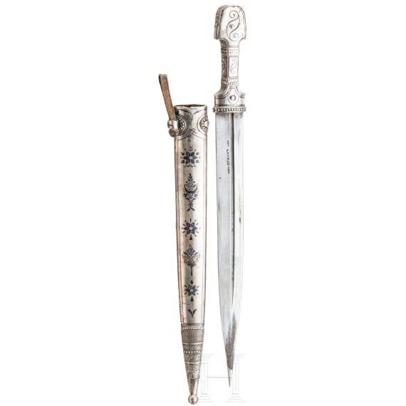 A silver mounted Caucasian kindjal set with turquoises , ca. 1900