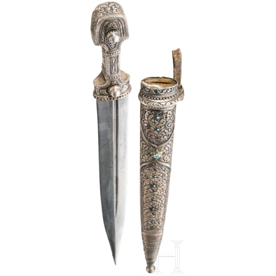 A silver mounted Caucasian kindjal set with turquoises , ca. 1900