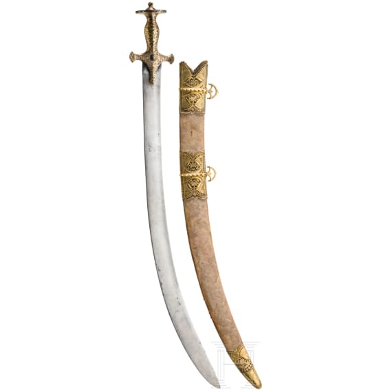 An Indian gold damascened tulwar with fine scabbard, circa 1800