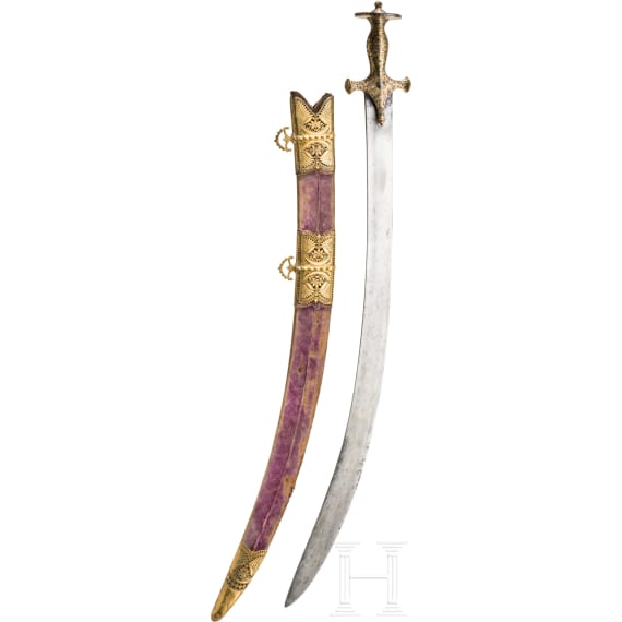 An Indian gold damascened tulwar with fine scabbard, circa 1800