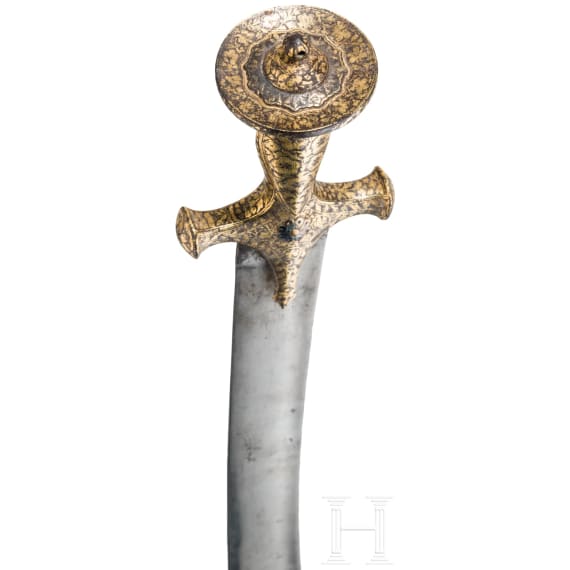 An Indian gold damascened tulwar with fine scabbard, circa 1800