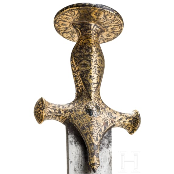 An Indian gold damascened tulwar with fine scabbard, circa 1800