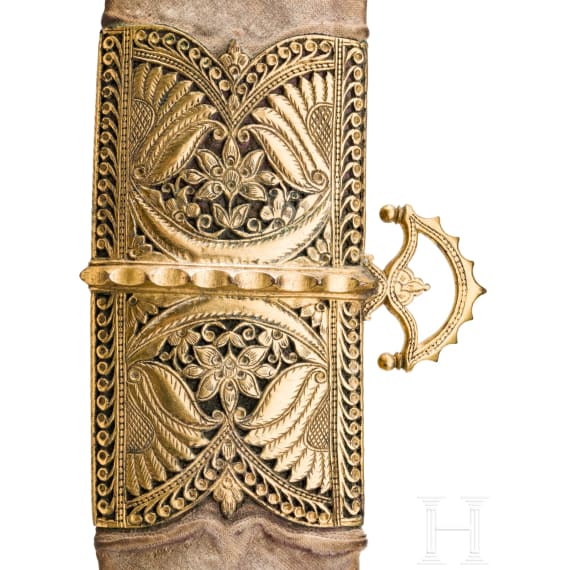 An Indian gold damascened tulwar with fine scabbard, circa 1800