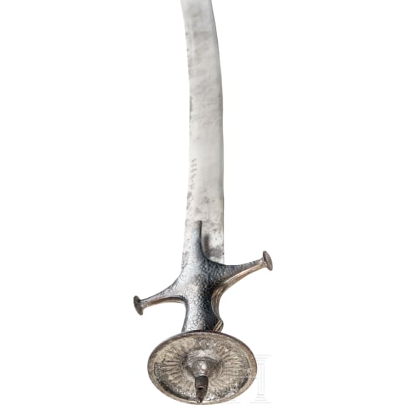 An Indian tulwar with silver damascened hilt, ca. 1800