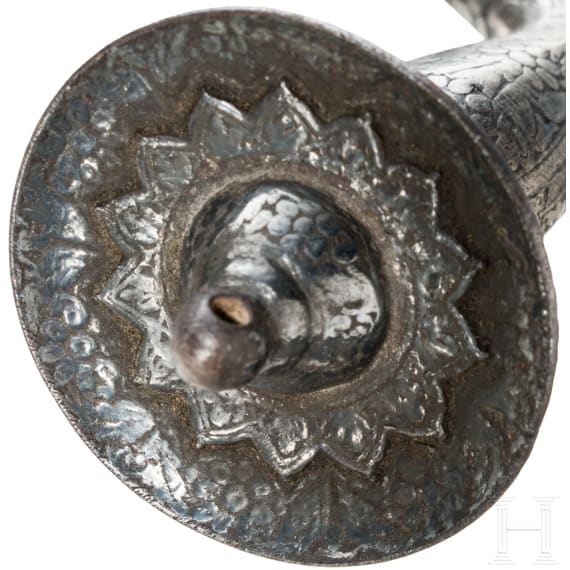 An Indian Tulwar with silver damscened hit and damascus blade, ca. 1800