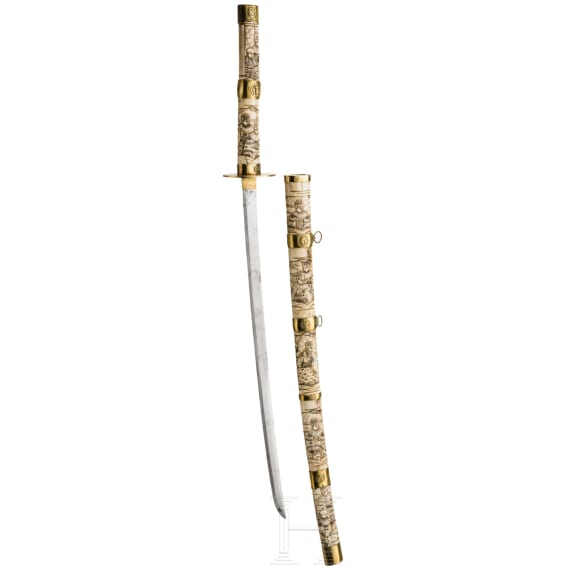 A Japanese wakizashi in carved bone mounts, Meiji-Period