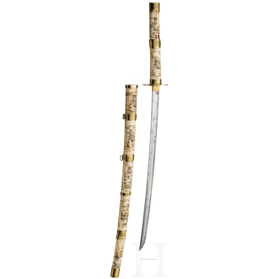 A Japanese wakizashi in carved bone mounts, Meiji-Period
