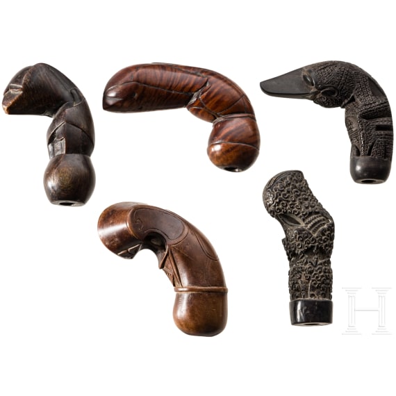 Five Indonesian keris handles, Sumatra/Java/Sulawesi/Sumbawa, 19th/20th century
