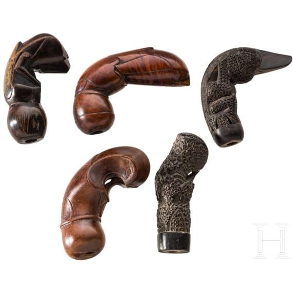 Five Indonesian keris handles, Sumatra/Java/Sulawesi/Sumbawa, 19th/20th century
