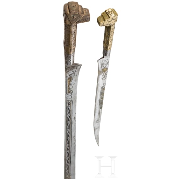 A Algerian brass-inlaid flyssa and a dagger, 19th century