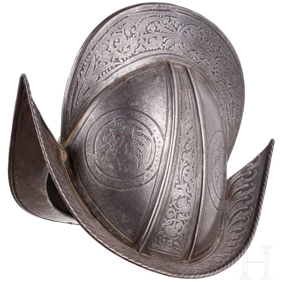 A Victorian miniature burgonet with etched decoration in 1580s style
