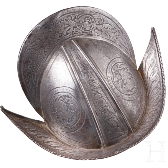 A Victorian miniature burgonet with etched decoration in 1580s style