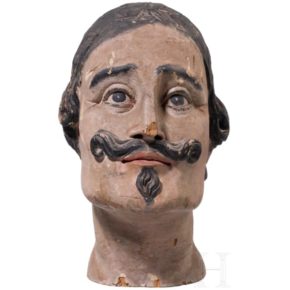 A French male doll head for an armour made of wood, 19th century.
