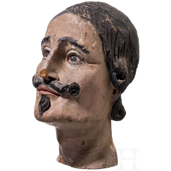 A French male doll head for an armour made of wood, 19th century.