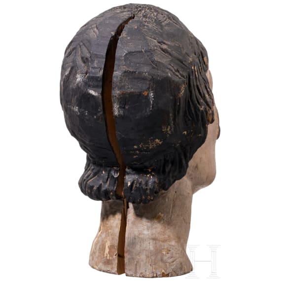 A French male doll head for an armour made of wood, 19th century.