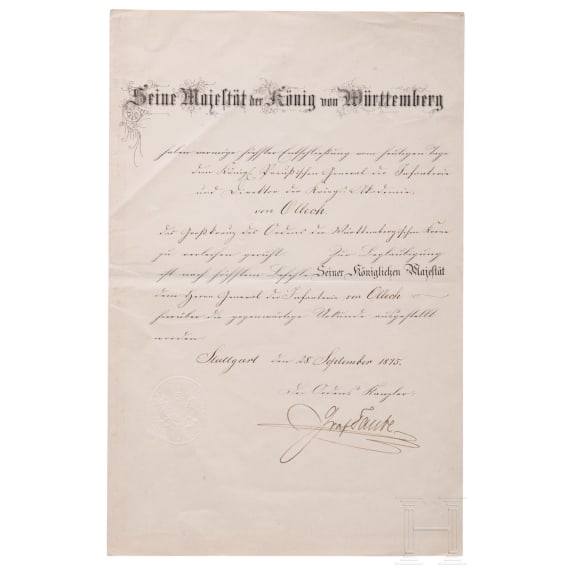 Orden der W&uuml;rttembergischen Krone, Verleihungsurkunde zum Gro&szlig;kreuz
