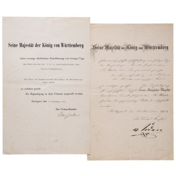 Orden der W&uuml;rttembergischen Krone, zwei Verleihungsurkunden zum Komturkreuz und zum Bruststern zum Komturkreuz
