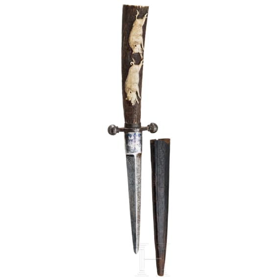 Hunting knife with carved handle by Lebrecht Schulz in Meiningen, around 1820